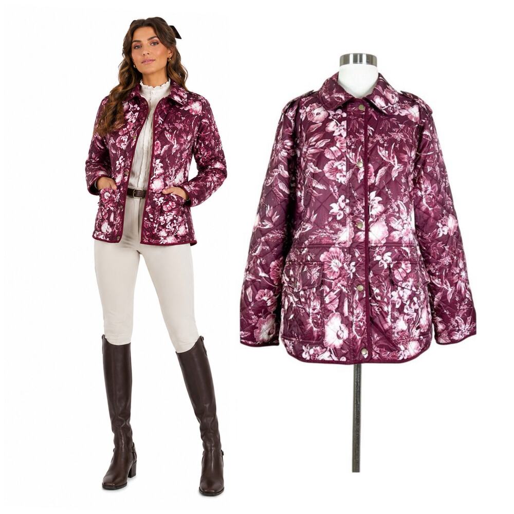Talbots | Floral Quilted Maroon Berry Lightweight Plus Size Barn Jacket Puffer